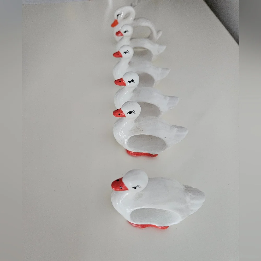 Swan & Ducks White Ceramic Napkin Rings x 6
